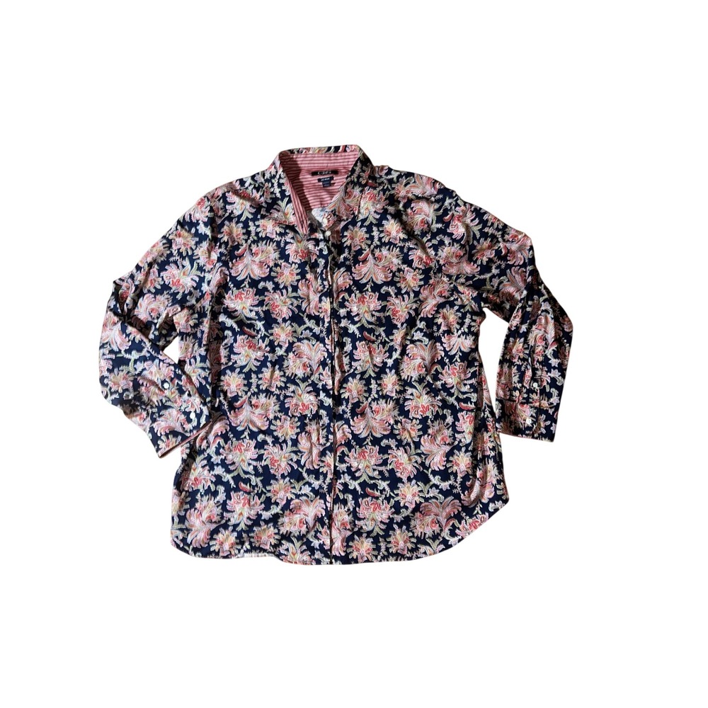 Chaps Womens 2X No Iron Paisley Button Down Shirt Navy Blue Pink Long Sleeve